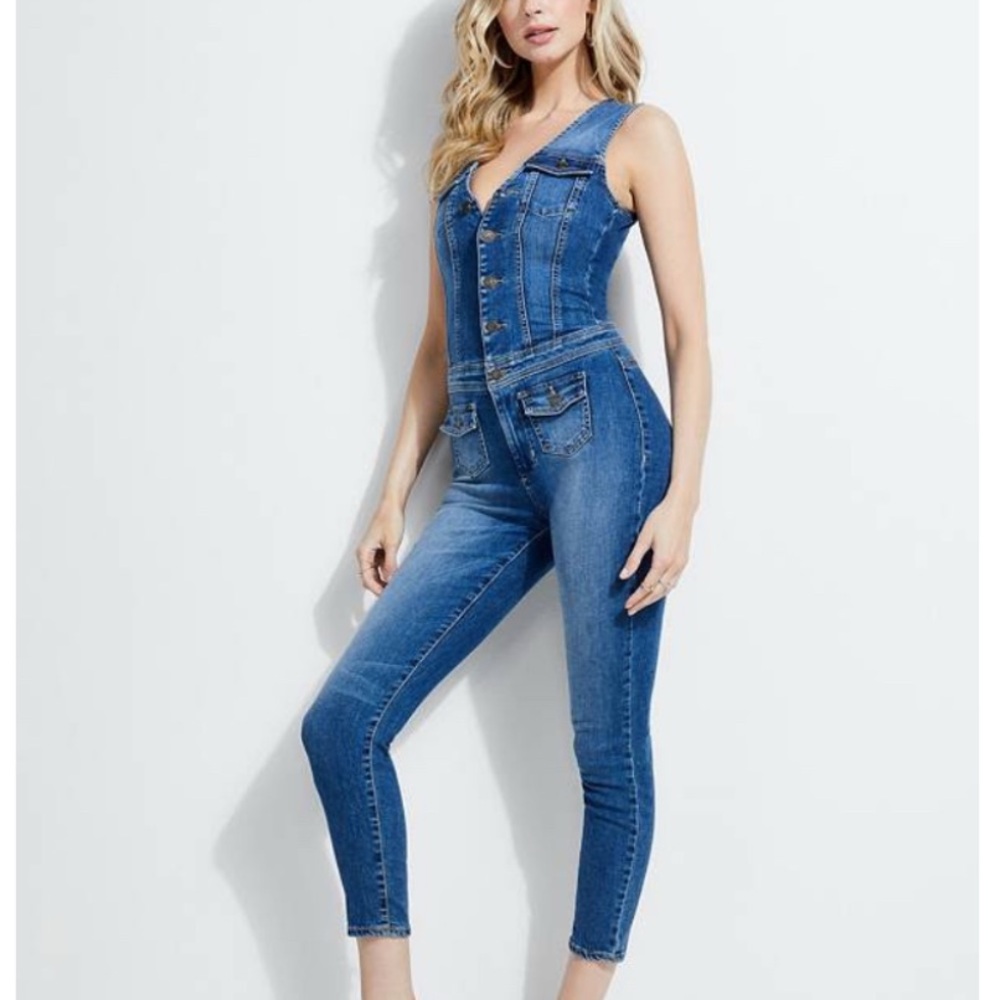 Guess Denim V-Neck Sleeveless Slim Jumpsuit - Blue